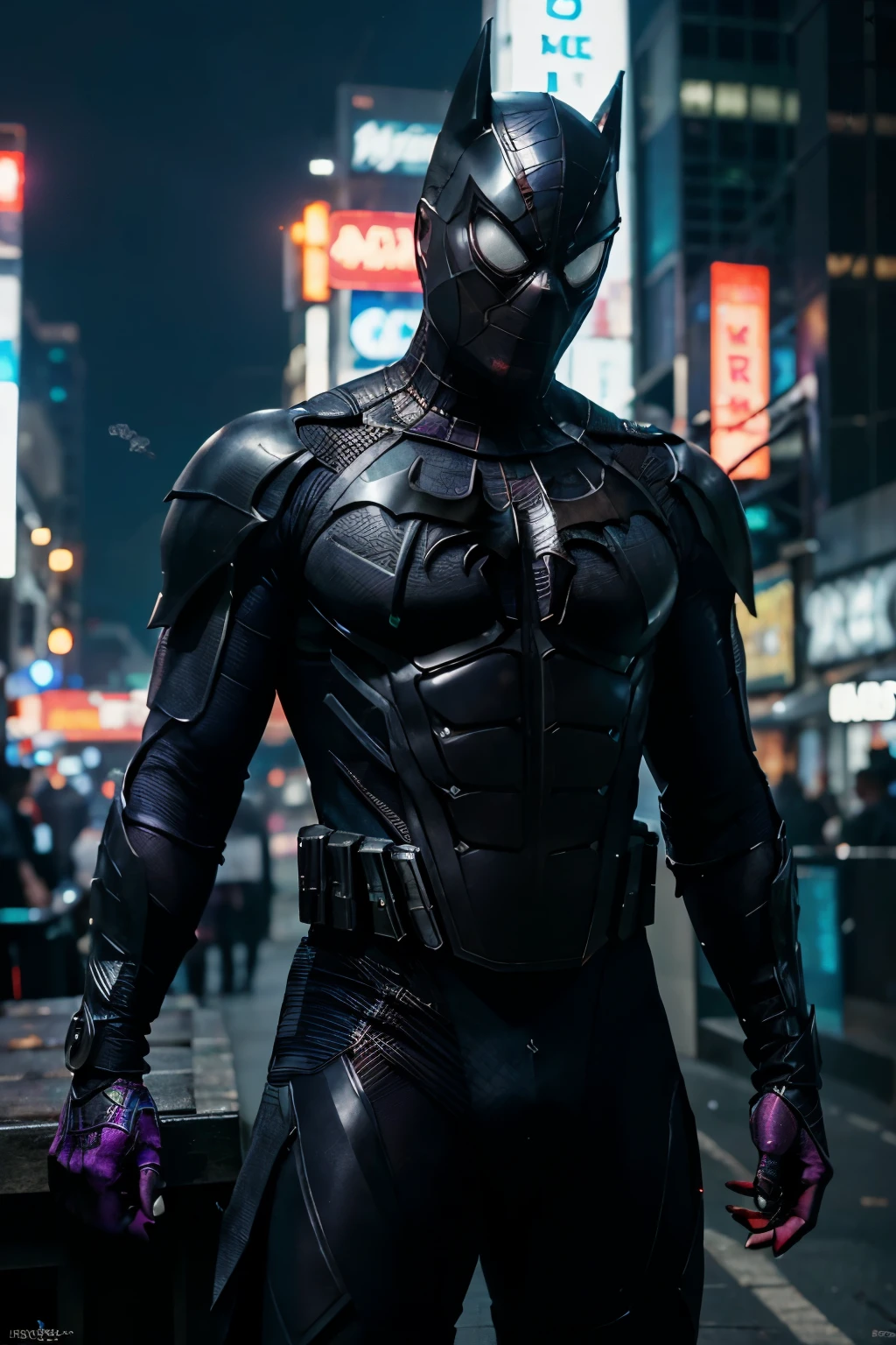 (extremely detailed 8k wallpaper), a medium shot photo of  cyberpunk scary Grim dressed as Spiderman and batman mixed as one character in an armour made of Crystallic metal from marvel, cyberpunk theme, intricate, high detail, dramatic, good lighting, neon lights in the background 
