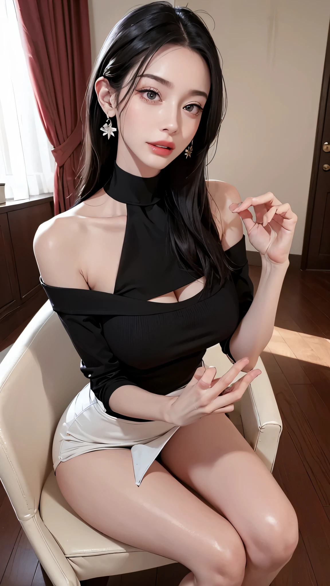  ((Open your mouth))、masterpiece,highest quality,High resolution,Very detailed,skinny,,((Captivating smile )),skinny,Black Choker,Earrings,Big cleavage、Off-the-shoulder tight sweater dress,(( Perfect Fingers )) ,  indoor,(Living room table:1.2),((Blowjob Gestures:1.2))、Open your mouth ,Sitting,Chair,Heavy breathing ,

1 Girl、solo、

Accurate 5-finger、Accurate human body、The perfect human body、The most beautiful face, true to the human body、Correct five-finger、The perfect human body、Someone knowledgeable、Highly detailed face and skin texture、Natural neck length、(beautiful Hands)、beautiful, Long, slender legs、Staring、