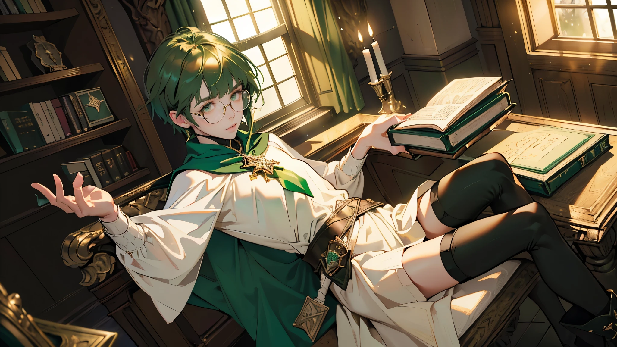 masterpiece, ultra detailed, 8k portrait, RAW photo, portrait photography, highly detailed face, beautiful and meticulous eyes, ((Fantasy)), Young beautiful, 15 years old, , dynamic pose, (((short deep green bobbed hair))), blunt bangs, White skin color, glasses, Luxury, (((white tunic and skirt))), (((green cape))), (((golden brooch))), (((little waist hip pouch))), (((dark thigh high tights))), high cut leather boots, ((holding magic book)), Midday Sun, hyper realistic, slender body, flat chest, Long legs, in the medieval magic classroom, Ambient lighting, Shadow details , Camera focus on face, strong breeze, Light fog