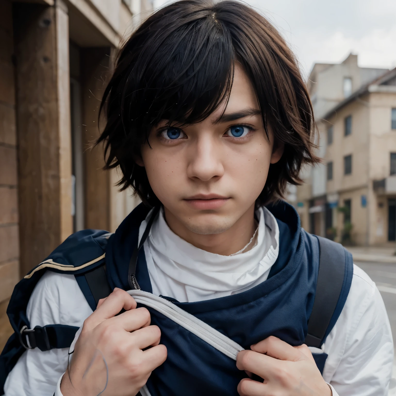 Make a character from Boku no Hero Academia, who has slightly short hair that reaches his neck in layers, who has long bangs that cover his face, and blue eyes, with an expression of discomfort as he firmly grips his bag.