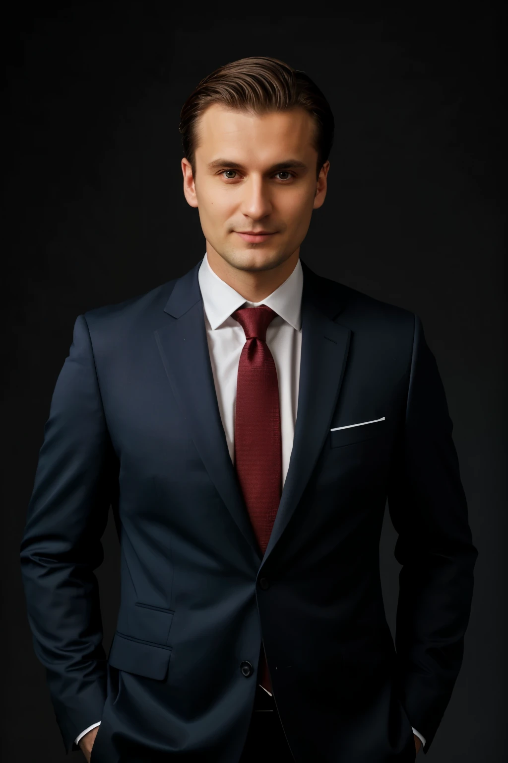 Man, age 30-40 years, Slavic appearance, charismatic, posing for the camera. Dressed in a suit. Photo taken under studio lighting. Posing standing up, directly. The face expresses kindness and naturalness. 