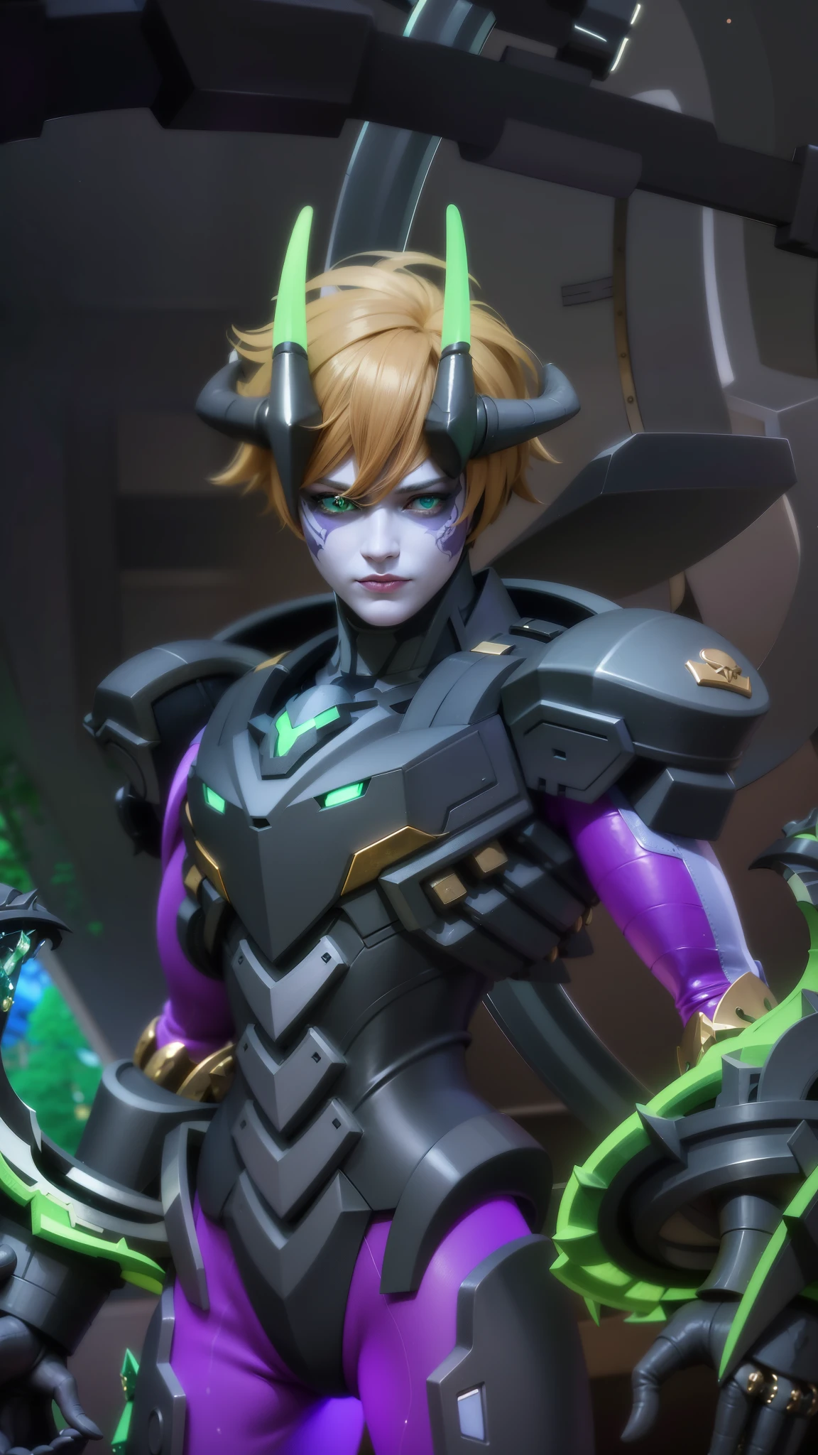 a close up of a person in a purple and green outfit, Masterpiece, ultra HD, detailed all picture, a close up of a devil, dyrroth from mobile legend, evil, extremely detailed artgerm, mobile legends character, inspired by Dyrroth, Six pack chest and abs, black jewel above the chest, light green eyes, glare.