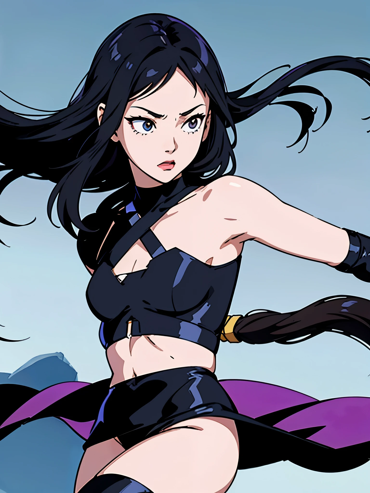 digital art drawing, illustration of (girl, long dark black hair mid part, brown eyes, sexy facial expression, flat chest, light blue corsette, single arm black sleeve, cyberpunk background), anime drawing/art, bold linework, illustration, digital art, masterpiece, flat illustration, no shadows, 8k resolution, high detail, vector art, only anime, perfect eyes, perfect hands, perfect fingers, sharpness, high clarity, medium close up, high fidelity