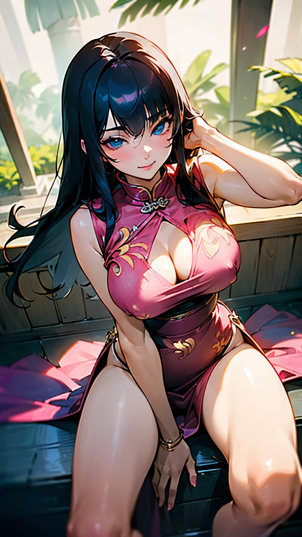 (Realistic:1.3), (photoRealistic:1.2), (highest quality), (Detailed skin:1.3), (Intricate details), 1 woman, 19 years old, Detailed skin texture, (blush:0.6), Scattered beneath the surface, ((smile)), Black Hair, Straight Hair, medium Long Hair, Calm hair, bangs, Hair between the eyes, Hair volume is low, Sparkling blue eyes, Lens Eye, Light reflection in the eyes, ((wink eye)), looking at the camera, hair ornaments, Wearing Chinese Dress, Skirt with a slit, ((one Side slit)), ((Red long Chinese Dress)), sleeveless dress, ((pink panty)), flower print dress, Clothes that open at the chest, she has two legs, Two arms, Five fingers, Two joints in the fingers, barefoot, angle from above, Crotch open posture, (Show me her vagina), (pussy), (Sitting on the stairs), ((Do not hide the crotch)), ((she spread her legs very wide)), slim legs, (pink g-string panty), thong, Clothes and panties are separated, Light source is above, ((Massage her boobs)), ((wide opened side breast)), Open-chested dress, (((Grasp her tits), cleavage of chest, (((palms under the boobs))),