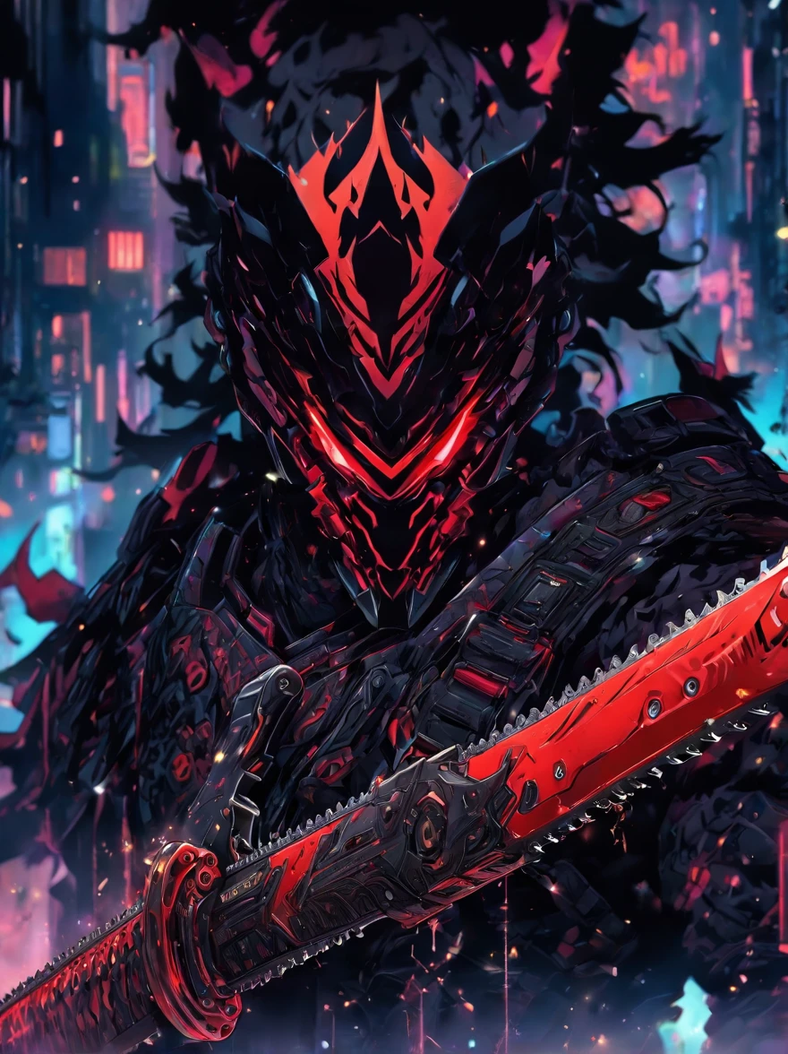 This image is strikingly dynamic and vibrant, blending elements of the futuristic and the fantastical. The character, adorned with a red and black armored suit complemented by a distinct horned helmet, exudes a strong, almost demonic aura. She wields an oversized, mechanical chainsaw weapon, which is not only formidable in appearance but also suggests a blend of power and precision. The design of the chainsaw, with its detailed industrial look and the prominent "Tamaro Security" marking, implies it might belong to a special force or a security detail within a larger dystopian or cyberpunk universe. The overall composition, with its intricate detailing and contrasting colors, tells a story of strength and possibly rebellion. It's a captivating depiction of a character that could easily be the protagonist or antagonist in a graphic novel or a video game.