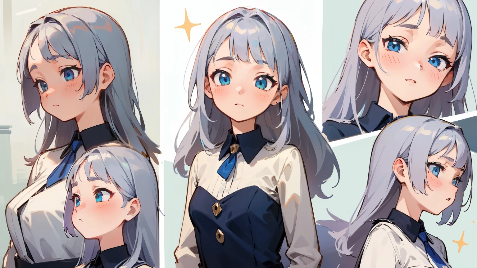 ((Masterpiece, Highest quality)), ((Tsurime)),Detailed face, character sheets, full bodyesbian, 1girls,shoun,Full of details, Multiple poses and expressions, Highly detailed, Depth, Many parts a graceful wild fox girl with silver hair, sparkling eyes, delicate skin, folha de personagem YouTuber cabelo azul,Mulher gato, Corpo Inteiro, sexy