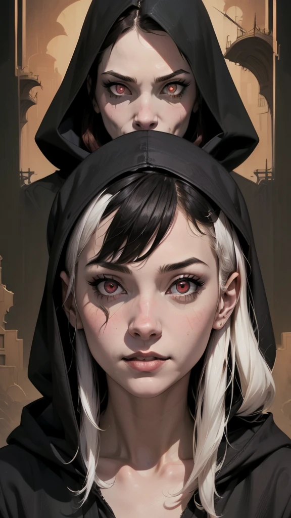 girl wearing a black hood、NFT Art、mark、Pop music、Mirai、Hair is white、Red eyes、stamp、Kikinuku、unbalanced、Mysterious、NFT Overview Art、Ghoul、