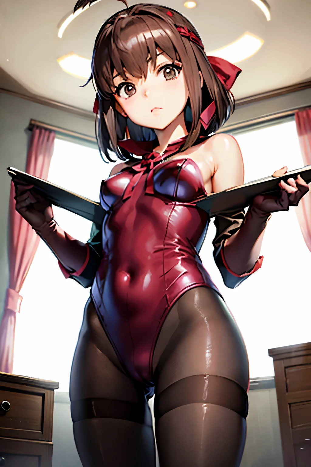 Taeko Kondo、Girls&Panzer、Brown Hair、Short Hair、((pantyhose))、Photo from below、Medium chest、Bedroom、(Doronjo)、Red ribbon、Black gloves、leotard、