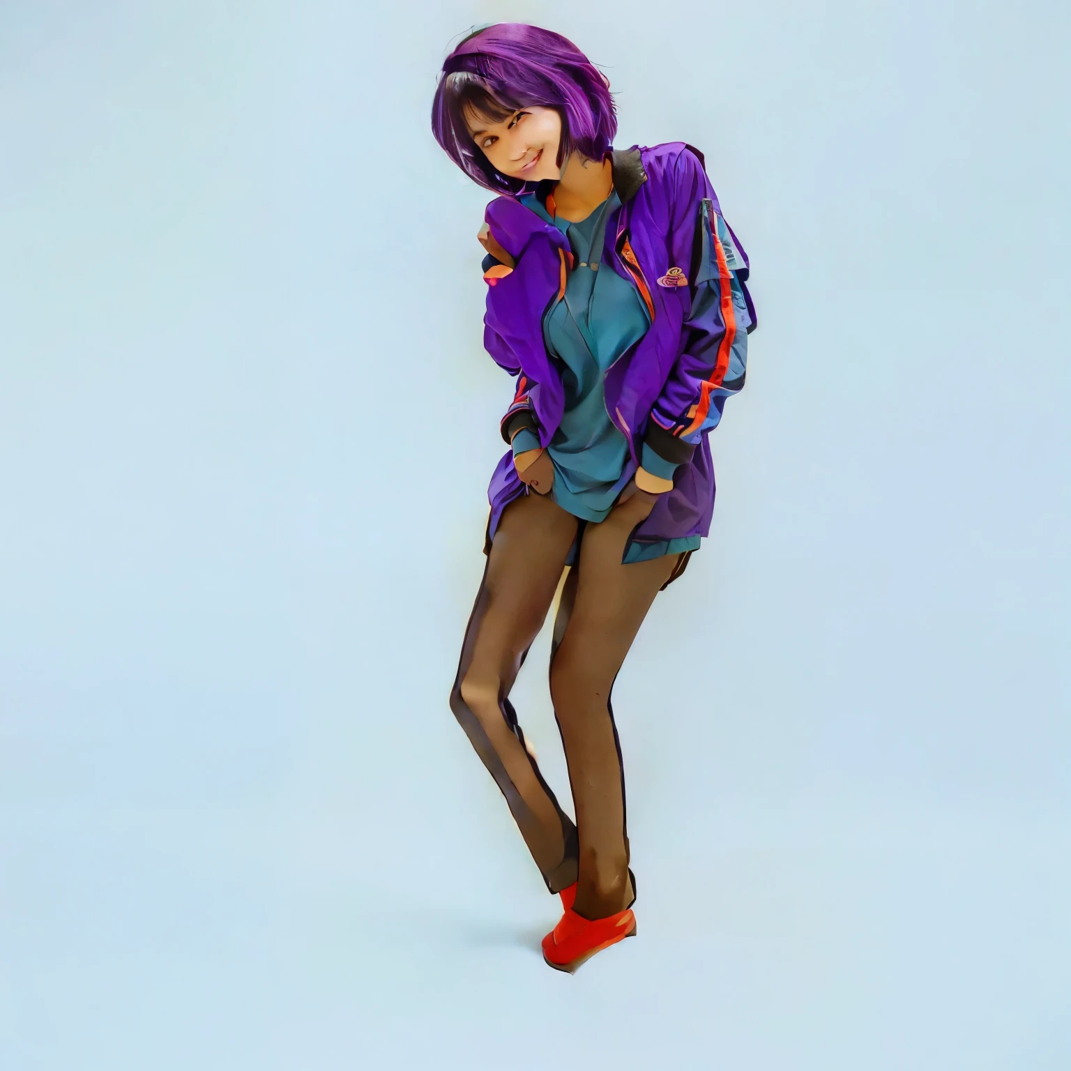 Girl with purple jacket and purple colour short hair, pretty face and cute liked Asian face, she smiling and looking the camera, realistic