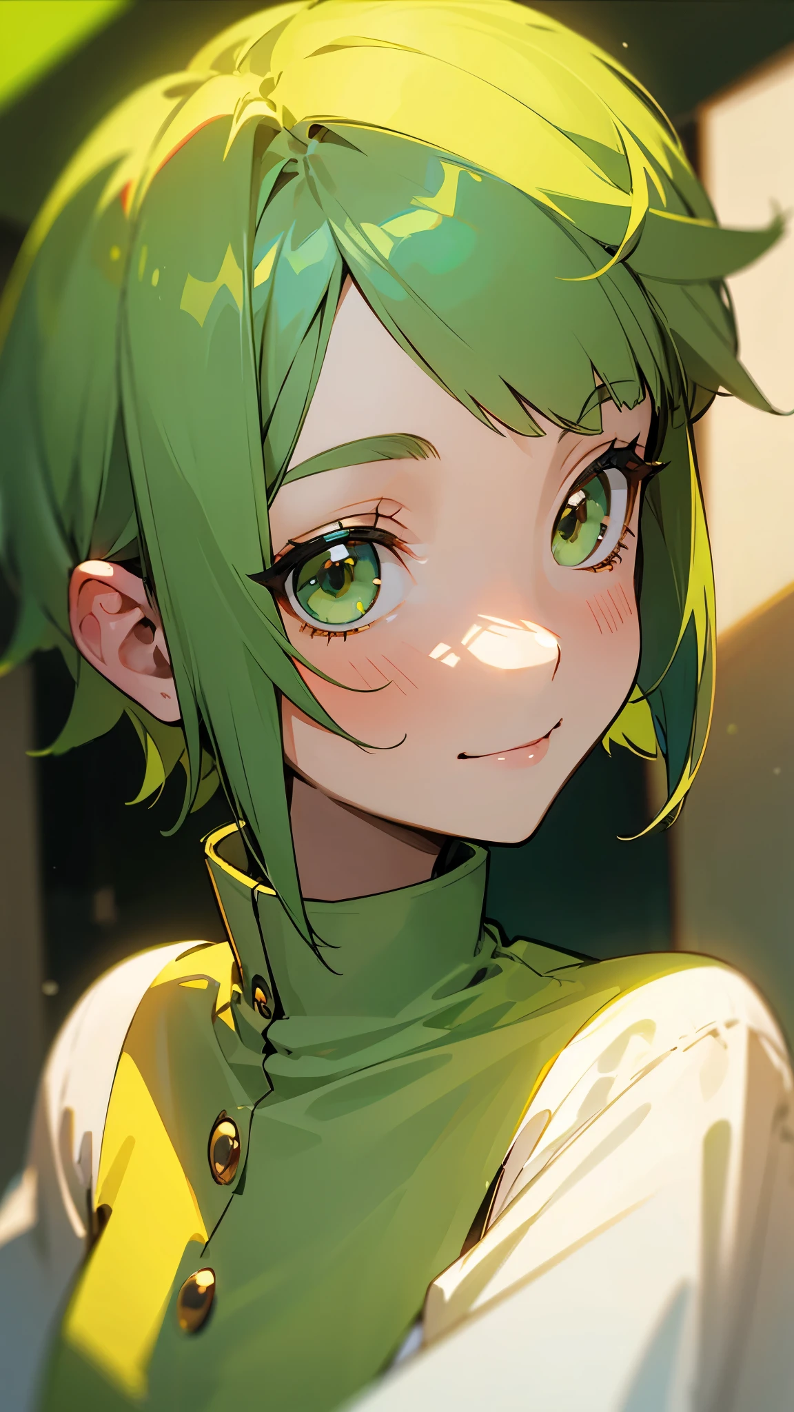 beautiful girl,Yellow-green hair,Beaver、short hair、Gentle droopy eyes,Upper body close-up、smile