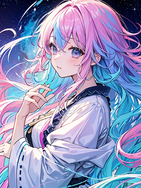 (masterpiece、highest quality、highest quality、water彩画(curly)、Official Art、Beautiful and aesthetic:1.2)、(One Girl:1.3)、(Fractal Art:1.3)、Upper body、From the side、Looking at the audience、pattern、(Rainbow Hair、colorfulな髪、Half Blue、Half pink hair:1.2)、water、liquid、cloud、colorful、Starry Sky、performer、bright colored splashes、Rough Kanji、