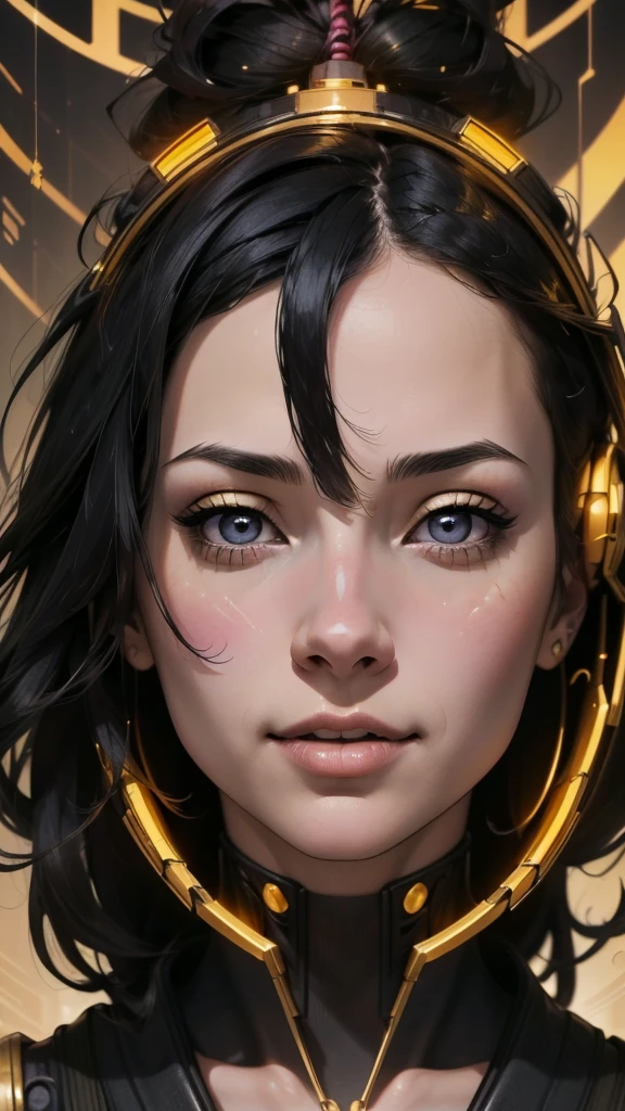(High resolution), (Very delicate), (clear), Realistic,((A girl with black hair and golden inner color)).((cyber punk)),face,Skin realism、A fusion of Japanese style and the near future、Dark Eyes、astrology