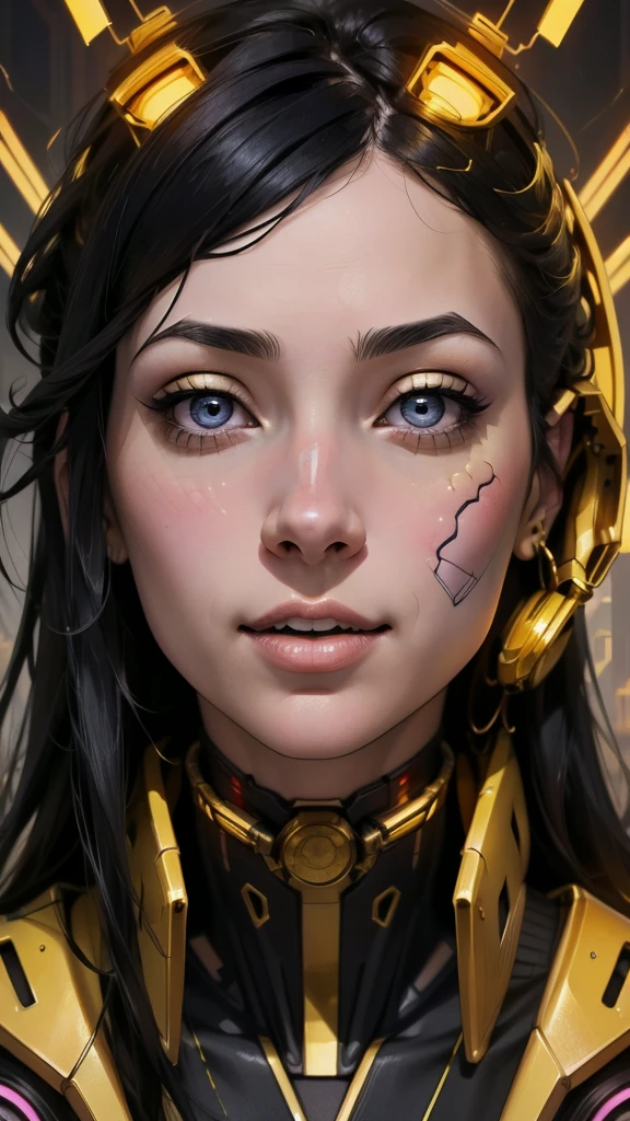 (High resolution), (Very delicate), (clear), Realistic,((A girl with black hair and golden inner color)).((cyber punk)),face,Skin realism、A fusion of Japanese style and the near future、Dark Eyes、astrology