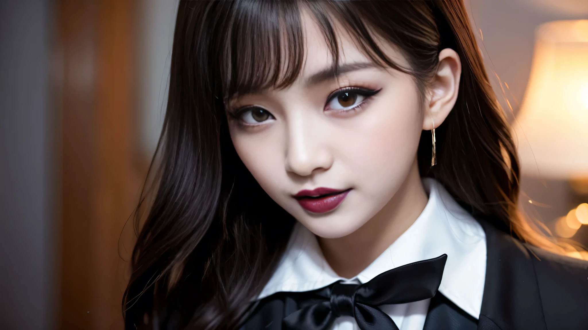 best quality、ultra-detailed、4k、Japanese、Seductive beauty、seductive adult woman、Pretty Woman、cool girl、Villainess、Brainwashed、brainwash、Fallen into evil、smirk、Evil look、Wicked Smile、evil、Brown hair、wavy hair、swept bangs、dark makeup、dark makeup、piercing eyes、hollow eyes,half-closed eyes、Hollow Eyes、purple Eyeshadow、black lipstick、black lipglos、student、blazer、White Shirt、Black Ribbon、flare skirt、night、inside school、Have lipstick、Emblem of Evil、Crest of Darkness、Swear allegiance、I have pledged my allegiance、Dye black、Blackening、Stained with evil、Dyed in darkness、Seduce