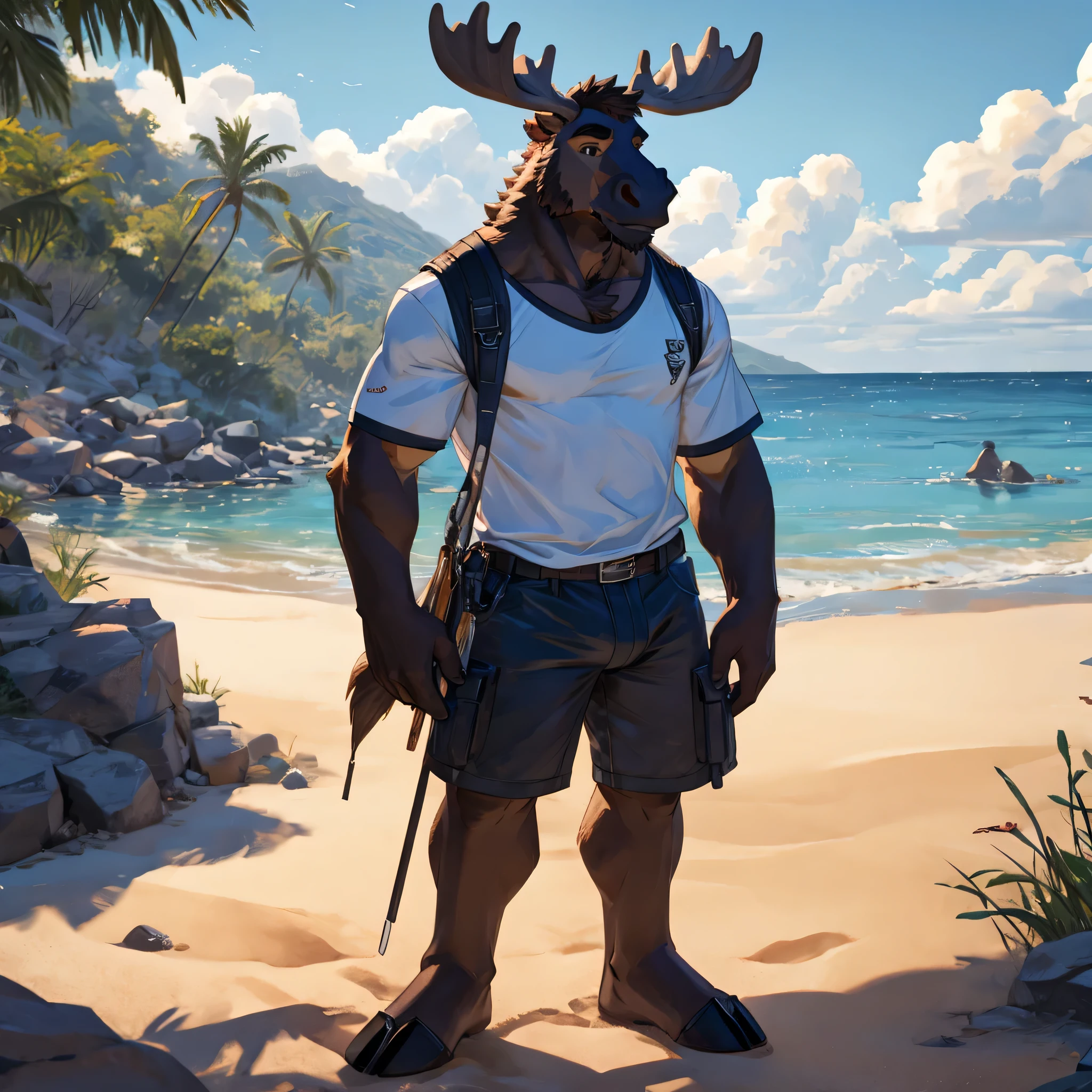 Solo, male, moose, teen, young, tall, lean, full-body view, beach, wearing only shorts and t-shirt, big bulge