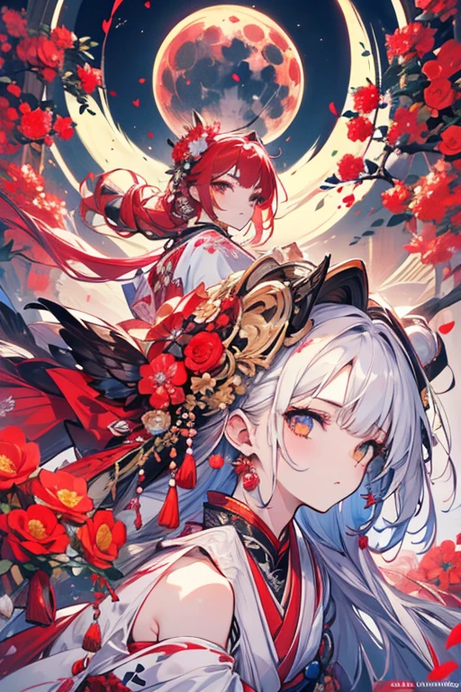 1 female,masterpiece,Detailed body,Detailed facial expressions,Beautiful Face,Lots of flowers,Falling flowers,attractive,Sex Appeal,Japanese style,(Big Red Full Moon)