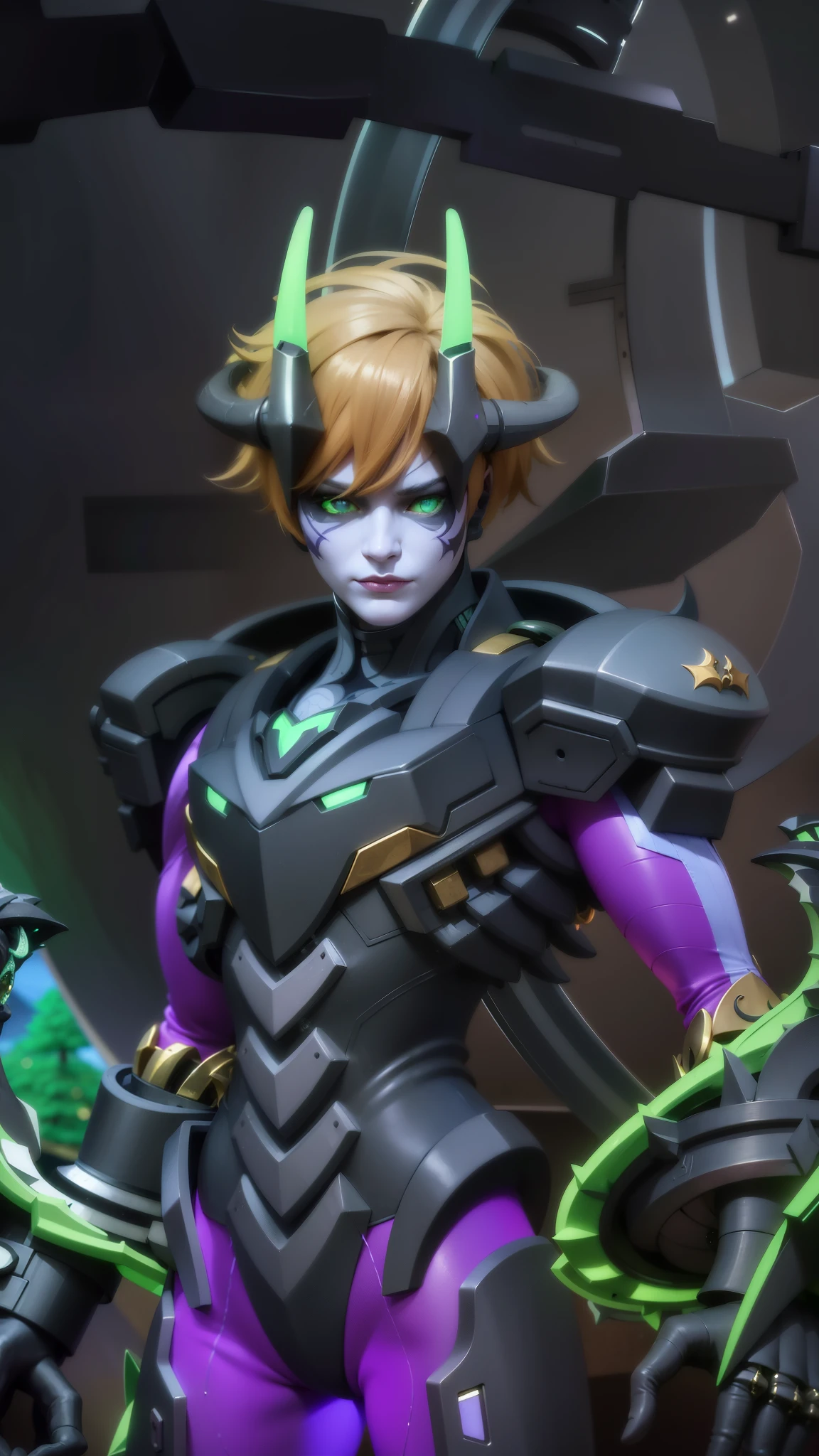 a close up of a person in a purple and green outfit, Masterpiece, ultra HD, detailed all picture, a close up of a devil, dyrroth from mobile legend, evil, extremely detailed artgerm, mobile legends character, inspired by Dyrroth, Six pack chest and abs, black jewel above the chest, light green eyes, glare.