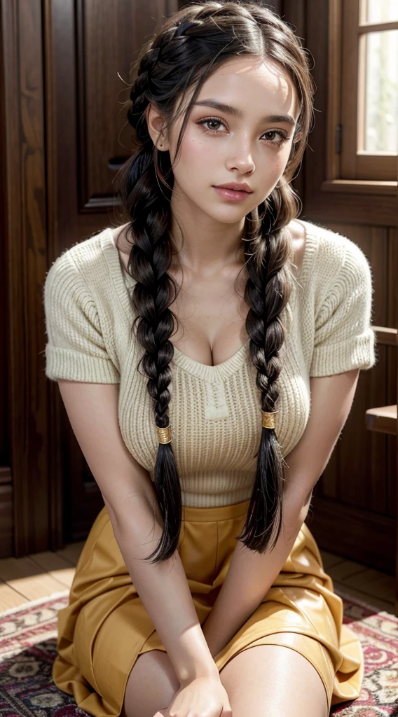 
A busty woman with a tight skirt and hair braided into a complex, elegant style is portrayed in a stunning scene. Your braided hair displays a variety of patterns and textures, demonstrating skill and art in creating the hairstyle.

The woman is portrayed with a confident posture, sorridente e orgulhosa, destacando sua beleza e autenticidade. Your facial features are distinct and expressive, reflecting your individuality and inner strength.

The scene is softly lit, highlighting the details of the braided hair and the beauty of the woman. Your presence is captivating, conveying a sense of grace and determination.

This depiction of a black woman with braided hair is a celebration of black culture and beauty., capturing the elegance and pride of a traditionally significant hairstyle. na rua na praca