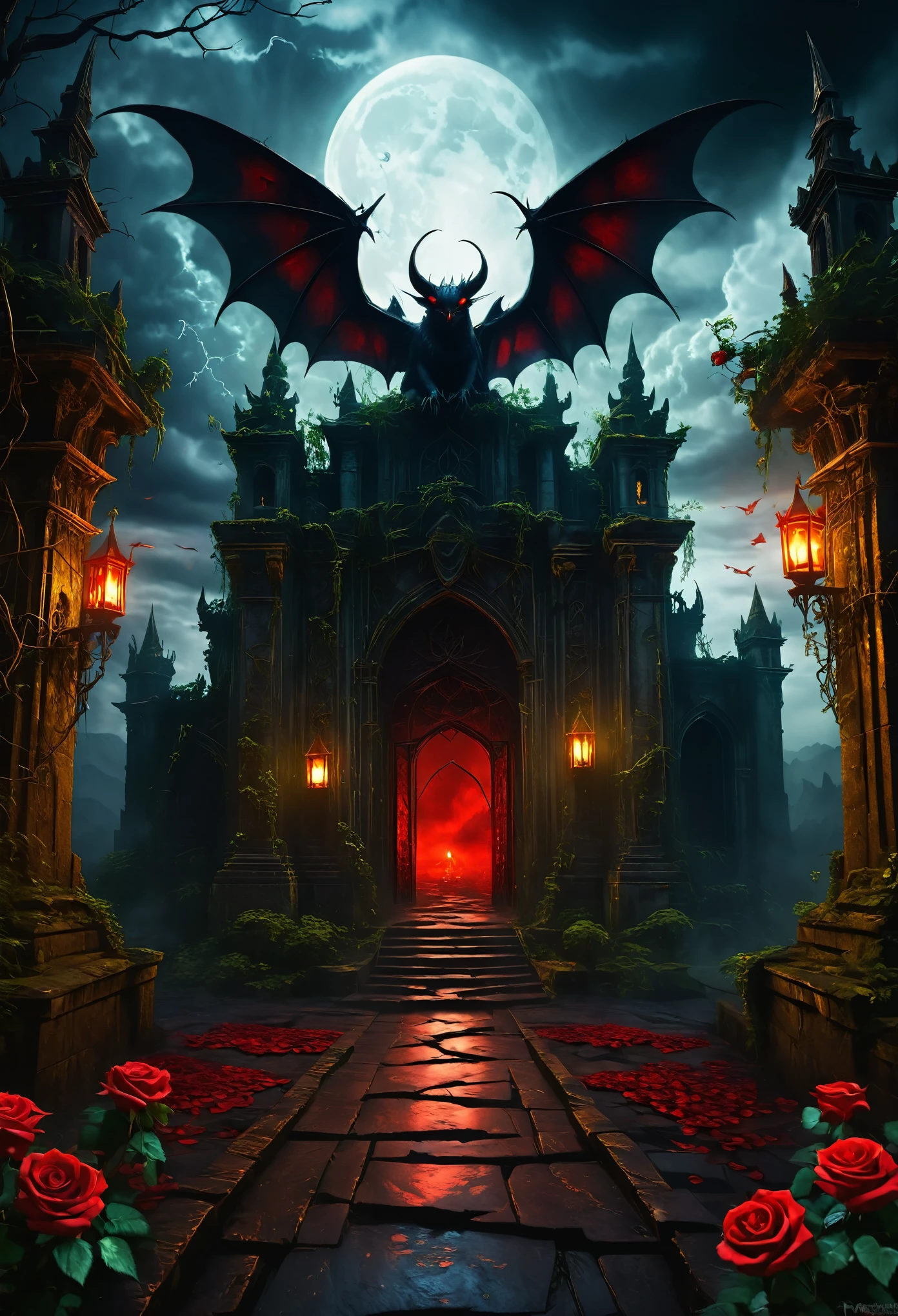 best quality,4k,8k,highres,masterpiece:1.2,ultra-detailed,realistic:1.37,dark fantasy,dreamy,fantasy castle,majestic devil,Lucifer,huge gothic architecture,gloomy atmosphere,demonic presence,mystical aura,magic in the air,dreadful power,ominous shadows,haunting specters,grotesque gargoyles,twisted vines,ethereal moonlight,enchanted forest,sinister enchantments,ominous storm clouds,burning red eyes,demonic wings,entrancing beauty,dark beauty,eerie silence,blood red roses,soul-piercing stare,devilish charm,forbidden love,eternal damnation,menacing watchtower,imposing gates,enchanted ruins,dimly lit corridors,supernatural powers,vortex of darkness,fiery hell trench,gothic spires,demonic throne room,shadowy figures,labyrinthine passages,haunted maze,whispering winds,ancient curse,dark secrets,lost souls yearning for redemption