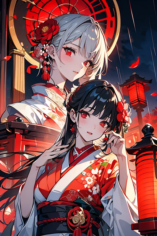 1 female,masterpiece,Detailed body,Detailed facial expressions,Beautiful Face,Lots of flowers,Falling flowers,attractive,Sex Appeal,Japanese style,rain,Red Lantern,Big Crescent Moon,