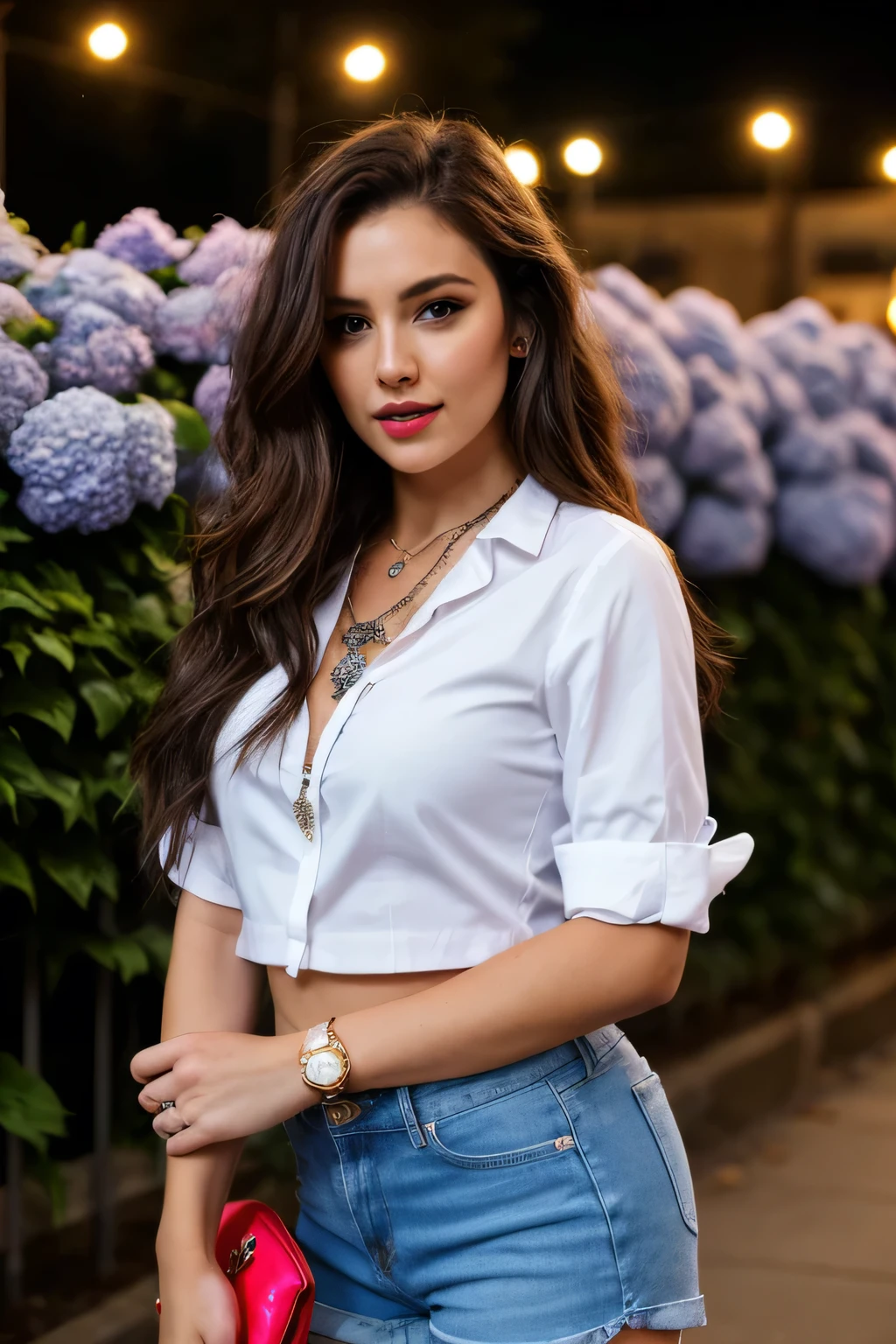 4k, beautiful woman, long hair, brown hair, Medium bust, blue eyes, white shirt, hot pants, neon red heart necklace, looking at the audience, nighttime, colorful hydrangeas