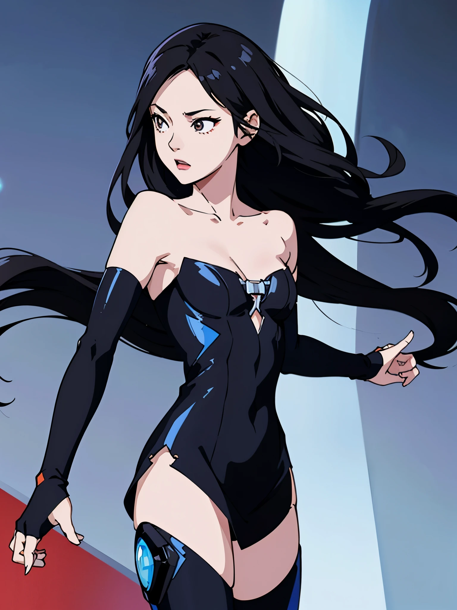 digital art drawing, illustration of (girl, long dark black hair mid part, brown eyes, sexy facial expression, flat chest, light blue corsette, single arm black sleeve, cyberpunk background), anime drawing/art, bold linework, illustration, digital art, masterpiece, flat illustration, no shadows, 8k resolution, high detail, vector art, only anime, perfect eyes, perfect hands, perfect fingers, sharpness, high clarity, medium close up, high fidelity