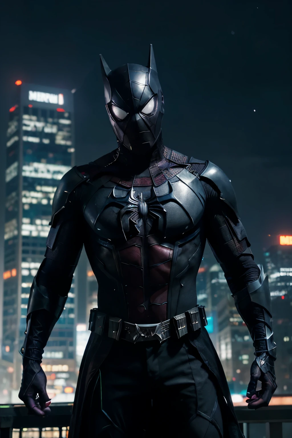 (extremely detailed 8k wallpaper), a medium shot photo of cyberpunk scary Grim dressed as Spiderman and batman mixed as one character in an armour made of Crystallic metal from marvel, cyberpunk theme, intricate, high detail, dramatic, good lighting, neon lights in the background