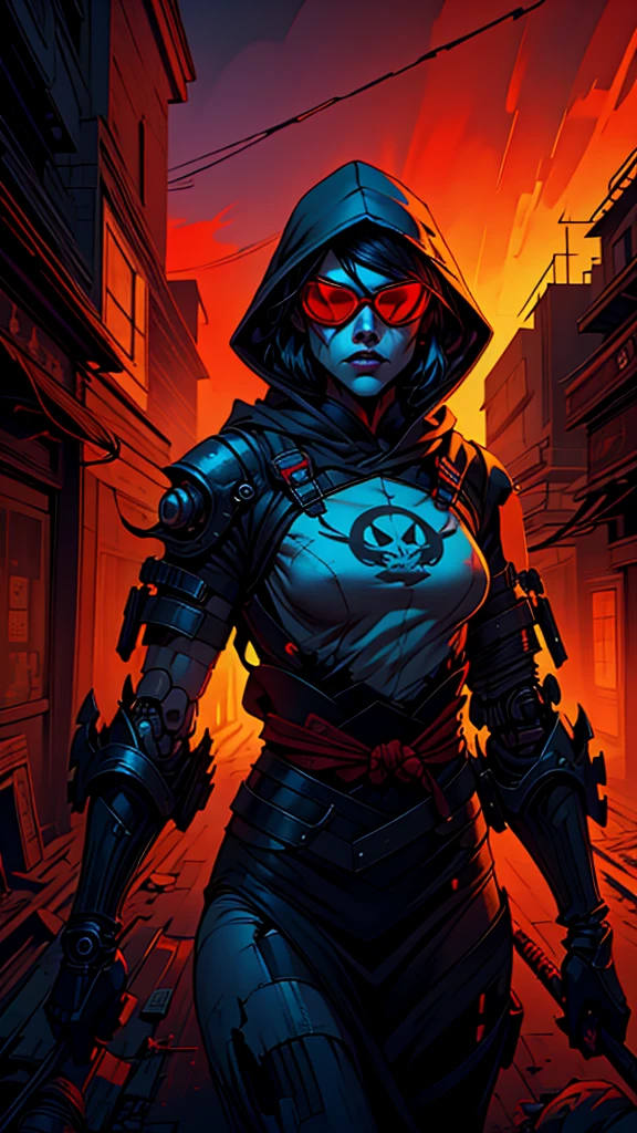 derpd, Deadly geisha cyborg assassin in hooded kimono & armor, Futuristic ski sunglasses, danger, Red-yellow sky, Post-apocalyptic art, Neon horror, Science fiction, Glitchcore, society, modern european ink painting, Androgynous, Mixed Media, Dystopian art, Black and neon space art, Analog Horror, Nightmare fuel, Spacepunk, Glitchcore, Hauntingly beautiful, Beautiful and sinister. World-class female cyborg in stunning HD, World class art, Individuality, Modern masterpieces, Exceptional, Exquisite, Dark fantasy, Apocalypse Art, Calo type
