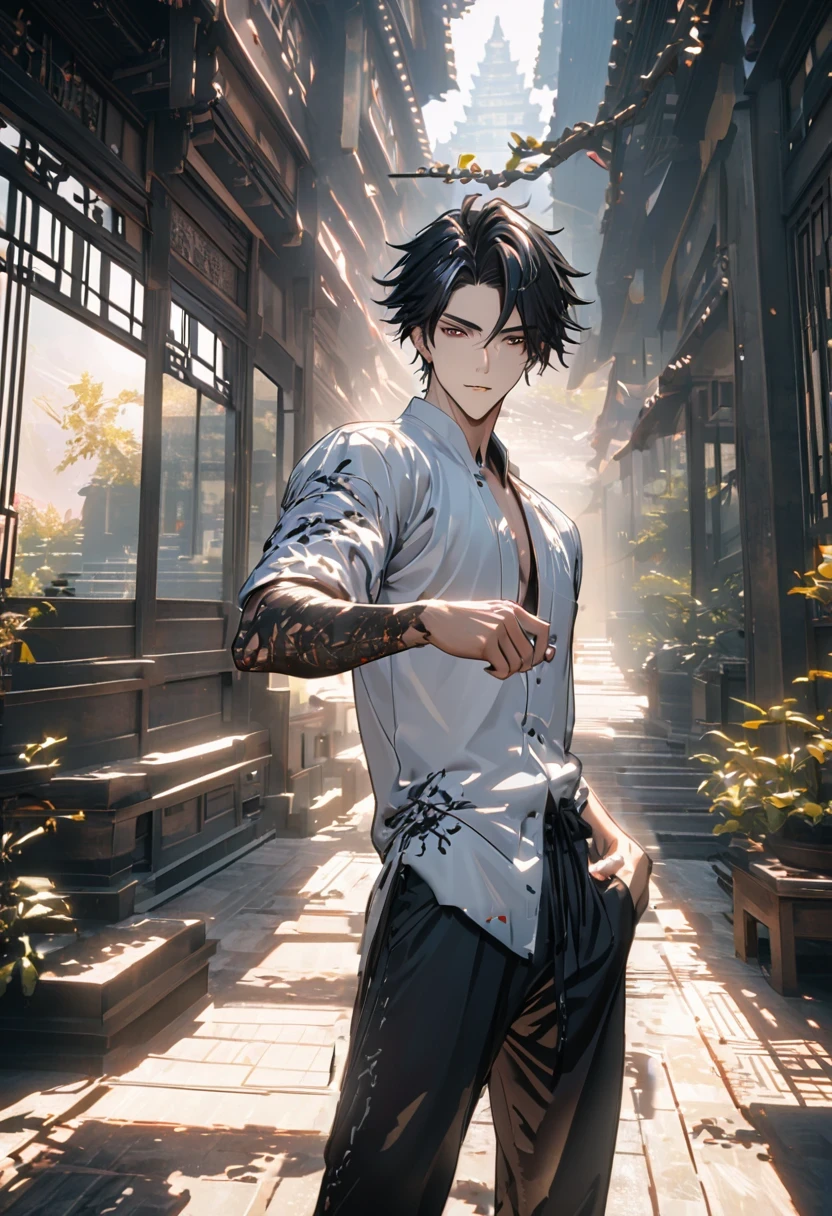 male1名, male中心, Right Arm Only Demon, human, Black aura on right arm, male, shortage々Shii, Stick out your right arm, Black Right Arm, White Shirt, clothes, Chino pants, View your viewers, short hair, 8k, detailed, Ray Tracing, Depth of written boundary