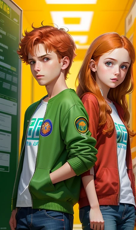 Image of two children aged 15 to 17 years(red-haired hooligan girl and brown-haired geek guy) (dynamic poses), (Best quality:1.4), background: many small green luminous hieroglyphs(The Digital World); Advertising art, key art, medium shot of two characters, advertising image, official art, Film promotional image, Official Rendering, poster for the film The Matrix, official illustration, advertising render, Advertising art, poster