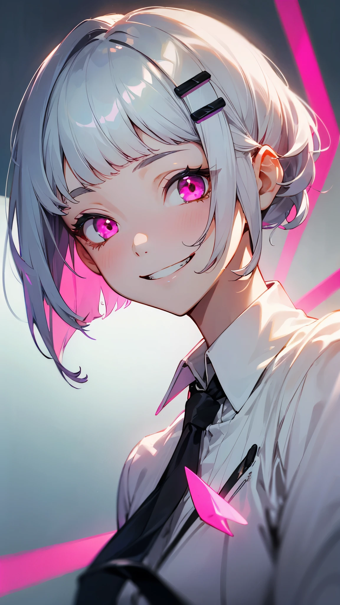 1 Girl、Silver Hair、Bob Haircut、Short Hairstyles、Tie your hair up with a hair clip、Pink Eyes、Grin、Slender body、Upper body close-up