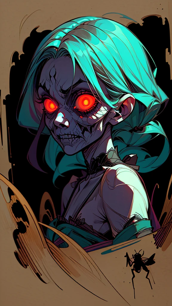 (,(masterpiece), (High resolution), (Very delicate), (masterpiece: 1.2, highest quality), scribble, nightmare, Doll-like face, Manga style, rough sketch, Manga styleイラスト, Japanese painting, whole body,(snap shot), Flat Illustration, Creepy Appearance, Unique atmosphere、A man surrounded by a multitude of insects、Grotesque background、Zombie with glowing eyes behind the girl