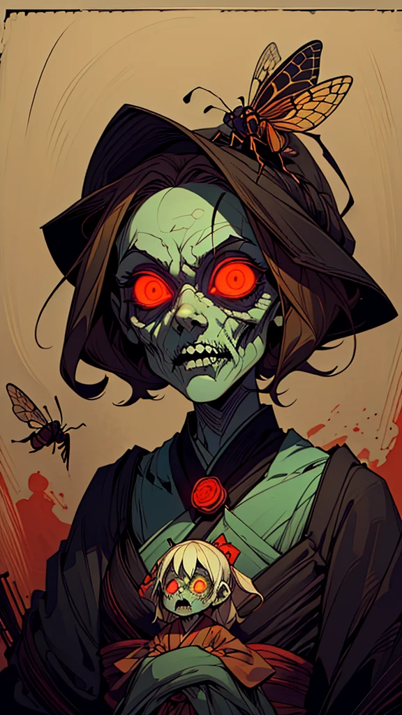 (,(masterpiece), (High resolution), (Very delicate), (masterpiece: 1.2, highest quality), scribble, nightmare, Doll-like face, Manga style, rough sketch, Manga styleイラスト, Japanese painting, whole body,(snap shot), Flat Illustration, Creepy Appearance, Unique atmosphere、A man surrounded by a multitude of insects、Grotesque background、Zombie with glowing eyes behind the girl