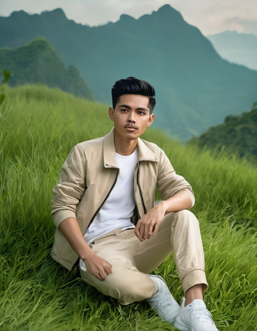 A stunning 8k portrait photograph of a 25-year-old Indonesian man, showcasing his slender build and casual attire. He has short, middle-parted hair, and is dressed in a black zip-up jacket, beige cargo pants, and white sneakers. The man is sitting cross-legged on a hilltop, surrounded by lush green grass, against a backdrop of a breathtaking mountain landscape. The colors are vivid, and the image is captured in a high-quality cinematic style, creating a fashionable and artistic vibe.