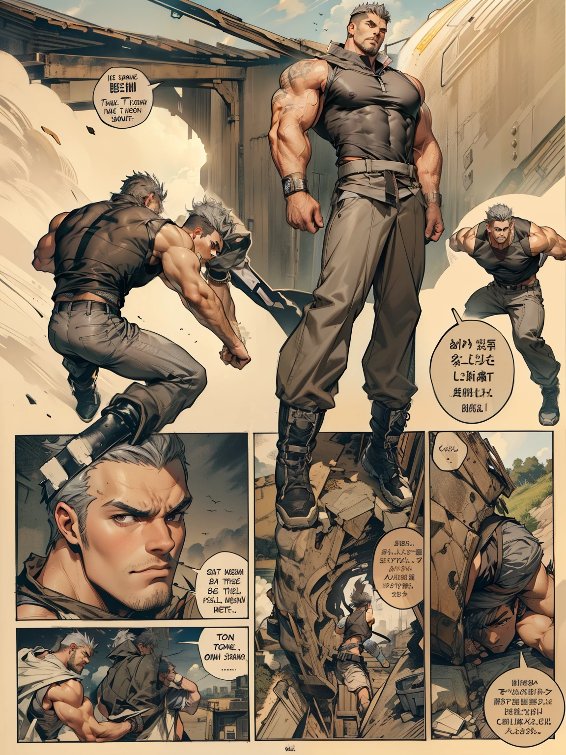 boys 26 Years old, juvenile, Serious face, brown eyes, gray hair, brown eyes, muscular, wearing ((gray sleeveless shirts)), black trousers, sky, cloud