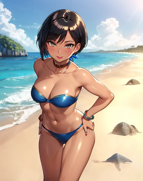 8K, (best quality:1.3), (masterpiece:1.3), (detailed:1.2), 1girl, solo, ((26 year old:1.3, Filipino Woman:1.3, short black hair:1.3, Amber eyes:1.2, Detailed face, Detailed eyes, tanned bronze skin:1.08, agile physique:1.08, Perfect Anatomy, (mature female),(shiny skin), glossy lips, lipstick, (Wearing: Strapless Blue bikini bra, Blue Bikini bottom, bracelets:1.2)), (Character Focus),Perfect Anatomy,(Professional Lighting), Looking at Viewer, (hands on hips), (Smiling),blush,(super detailed skin), dynamic pose, (Background: outdoors, beach of the Philippines), full body,