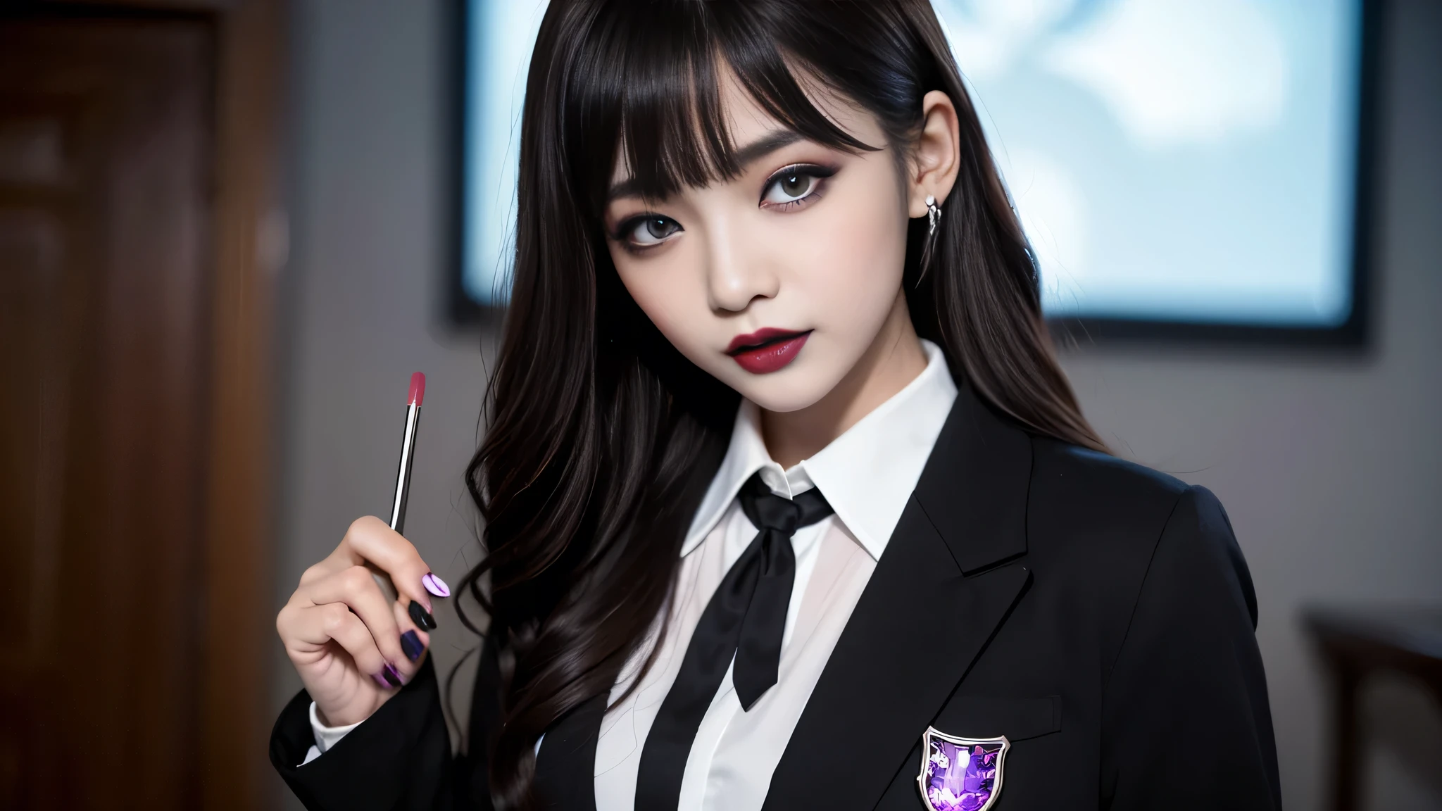 best quality、ultra-detailed、4k、Japanese、Seductive beauty、seductive adult woman、Pretty Woman、cool girl、Villainess、Brainwashed、brainwash、Fallen into evil、smirk、Evil look、Wicked Smile、evil、Brown hair、wavy hair、swept bangs、dark makeup、dark makeup、piercing eyes、hollow eyes,half-closed eyes、Hollow Eyes、purple Eyeshadow、black lipstick、black lipglos、student、blazer、White Shirt、Black Ribbon、flare skirt、Beautiful feet、night、inside school、Have lipstick、Emblem of Evil、Crest of Darkness、Swear allegiance、I have pledged my allegiance、Dye black、Blackening、Stained with evil、Dyed in darkness、Seduce