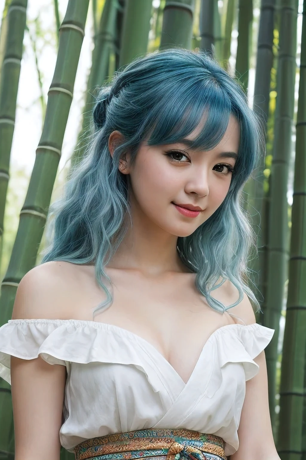 Masterpiece, best quality, official art, 8k wallpaper, very detailed, illustration, 1 woman, blue hair, long hair, Detailed eyes, Forrest Gump, bare shoulders, Hanfu, lagoon, pure, soft smile, bamboo, tea