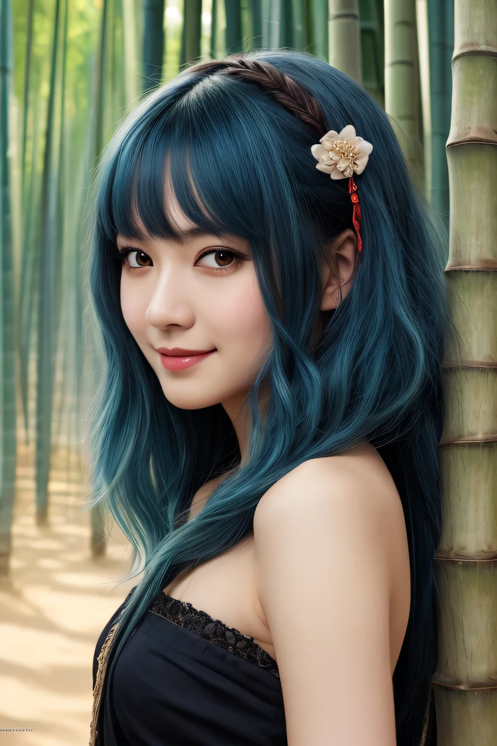 Masterpiece, best quality, official art, 8k wallpaper, very detailed, illustration, 1 woman, blue hair, long hair, Detailed eyes, Forrest Gump, bare shoulders, Hanfu, lagoon, pure, soft smile, bamboo, tea