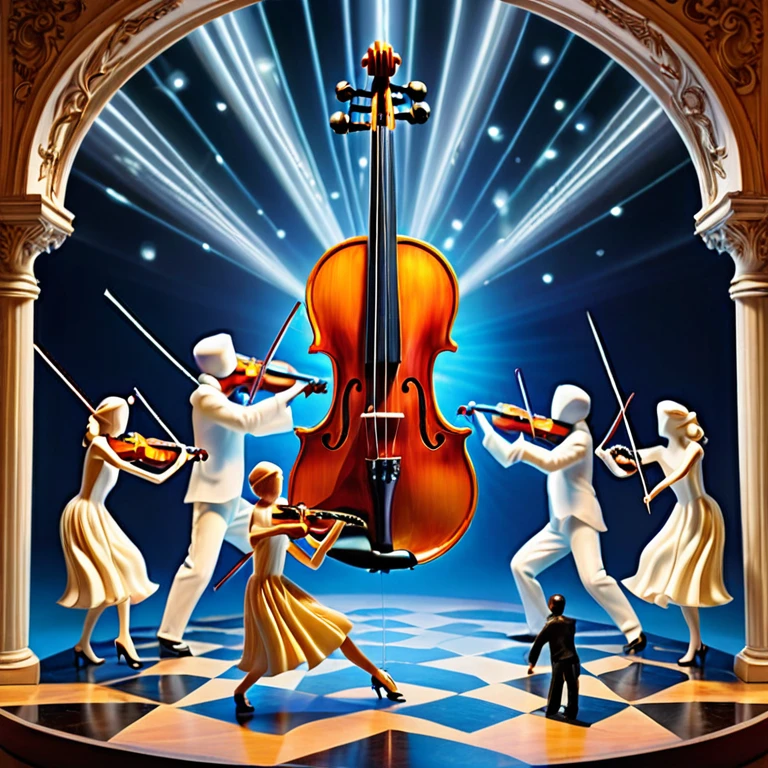 Large violin centered in another dimension with several miniature people around it dancing drugged without violin, melhor qualidade