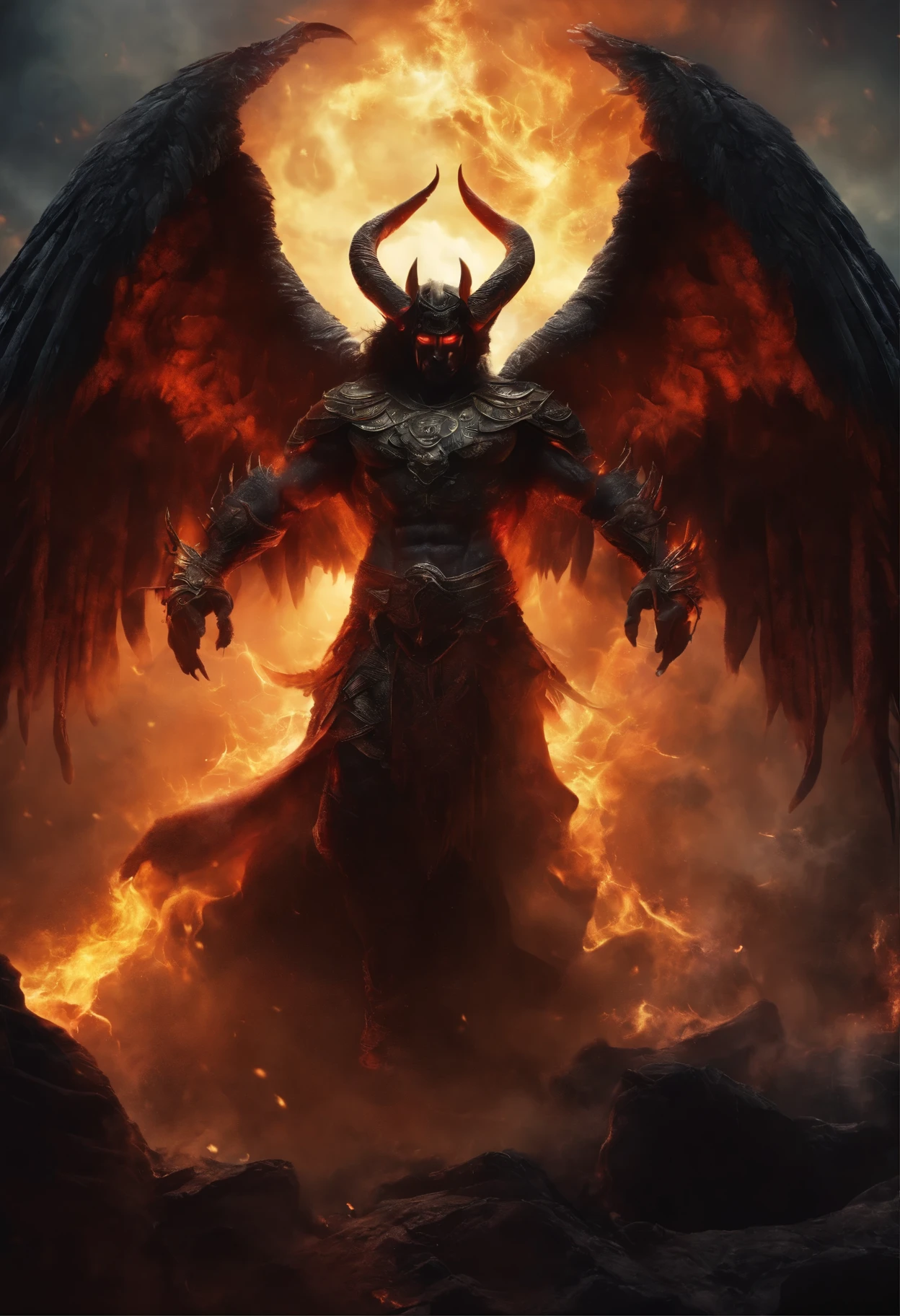 Create the most despicable demon possible, strong and powerful, fighting against the most perfect and beautiful angel, equally strong and amazing. 
