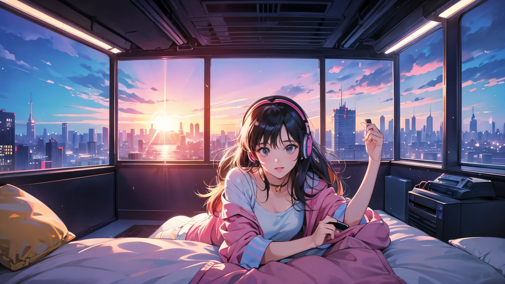 Generate an anime-style image evoking the atmosphere of 1980s city pop culture. Picture a simple scene featuring a girl lying on a bed, wearing headphones, and listening to music. The setting should reflect the urban vibe of the 1980s, with vibrant colors and retro aesthetics. The girl should have a relaxed expression, lost in the music, while the background includes elements like neon lights, cityscape, or cassette tapes, reminiscent of the era. The overall tone should be nostalgic and upbeat, capturing the essence of the city pop era.