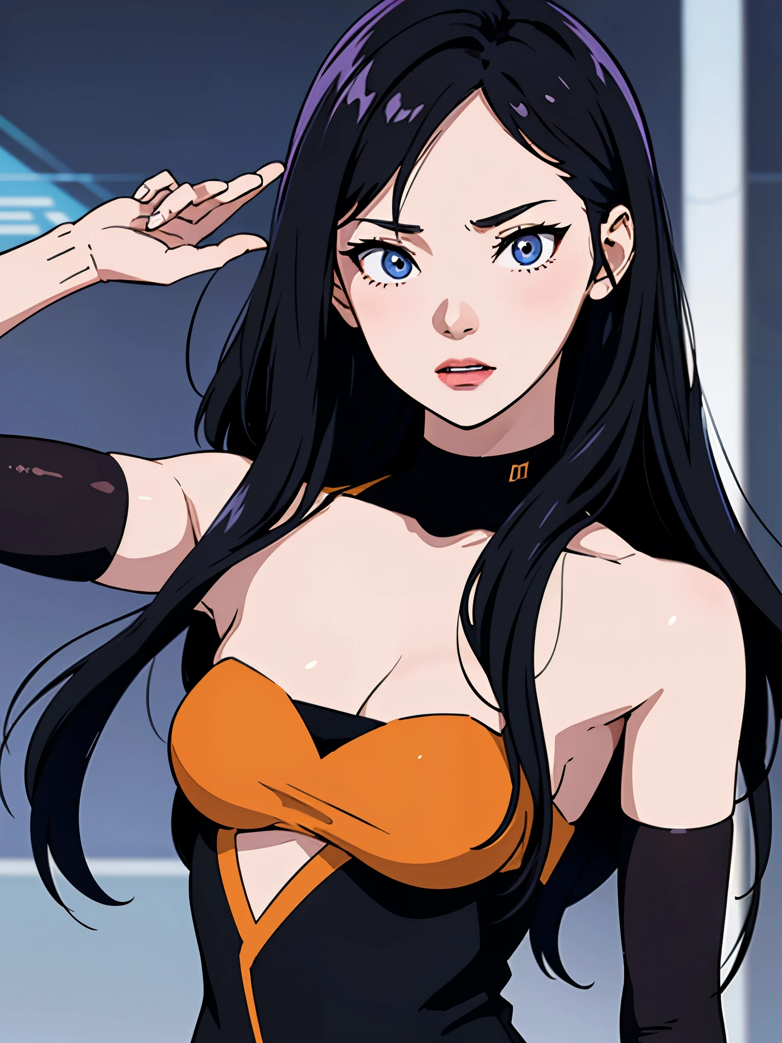 digital art drawing, illustration of (girl, long dark black hair mid part, brown eyes, sexy facial expression, flat chest, light blue corsette, single arm black sleeve, cyberpunk background), anime drawing/art, bold linework, illustration, digital art, masterpiece, flat illustration, no shadows, 8k resolution, high detail, vector art, only anime, perfect eyes, perfect hands, perfect fingers, sharpness, high clarity, medium close up, high fidelity