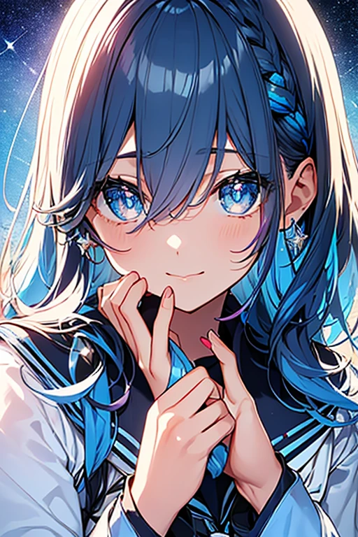 ((masterpiece、highest quality、Watercolor(pendant)、Official Art、Beautiful and aesthetic:1.2))、(Golden Ratio:1.2)、(Ultra-detailed:1.3)、(One Girl:1.3)、(Fractal Art:1.3)、Whole Body Ezbian、((Sparkling eyes))、pattern、((colourful hair、Half blue、Half dark blue:2))、colorful、write、(Heterochromia iridis:Right eye is blue、Left eye is light blue)、(colorful:1.5)、((Embarrassed face))、(Hyper Detail), ((Subtle details)), (Intricate details), ((Cinematic light, highest qualityのバックライト)), High Contrast, ((Best lighting, Very delicate and beautiful)), ((Cinematic light))、(Ray-traced Reflections、shine)、((Shining Aura))、((Radiant hair))、((The Ultra-detailed))、((8k))、((write))、iselicate beautiful face and eyes,Focus on the face, masterpiece,Sensation of shock、(Realistic:0.5)、Original 2 High Saturation、((A neat and clean woman))、((Star-filled night sky))、(((Shining Eyes:2))),(((Crystal Pupil:1.2))),(((Big eyes:1.2)))、(((Crystals in the eye:1.2))), Absurd, Ultra-thin illustration, highest quality, Very beautiful girl, A very delicate and beautiful adult smile:1.2, ;is, Look up, Beautiful Growing Crystal isiamond Blue Star Pupil, View the viewer, Beautiful details** Blue Land **hair:1.2, alone, Beautiful details **Blue and silver** ribbon, Beautiful details **Blue Land** (((High School Uniform:1.5))), A wide rainbow of fantastic sparkling circles, Shooting star and strong wind、Night and rainbow shooting star, magic circle:1,Detailed Background 2、shining blue