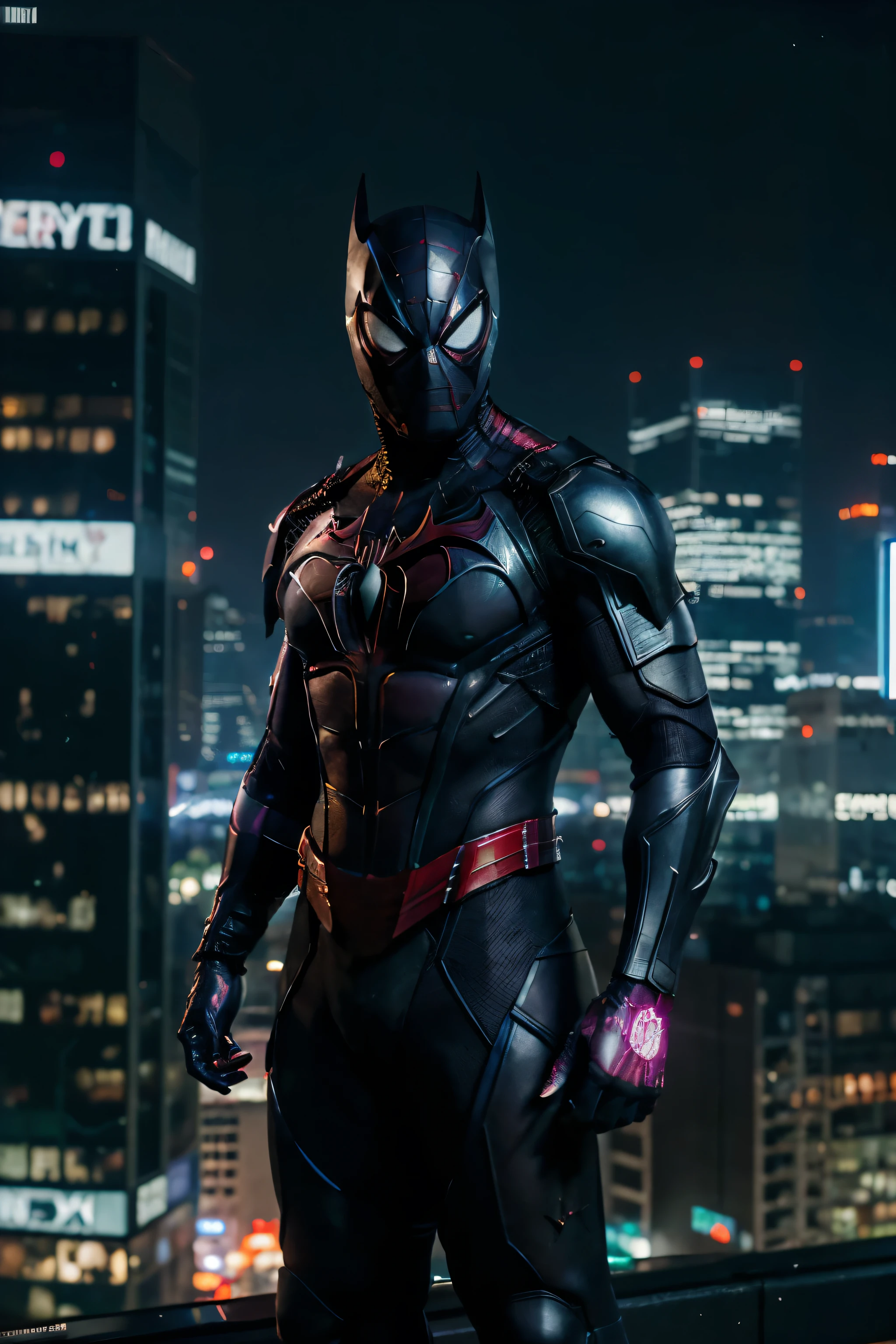 (extremely detailed 8k wallpaper), a medium shot photo of  cyberpunk scary Grim dressed as Spiderman and batman mixed as one character in an armour made of Crystallic metal from marvel, cyberpunk theme, intricate, high detail, dramatic, good lighting, neon lights in the background 