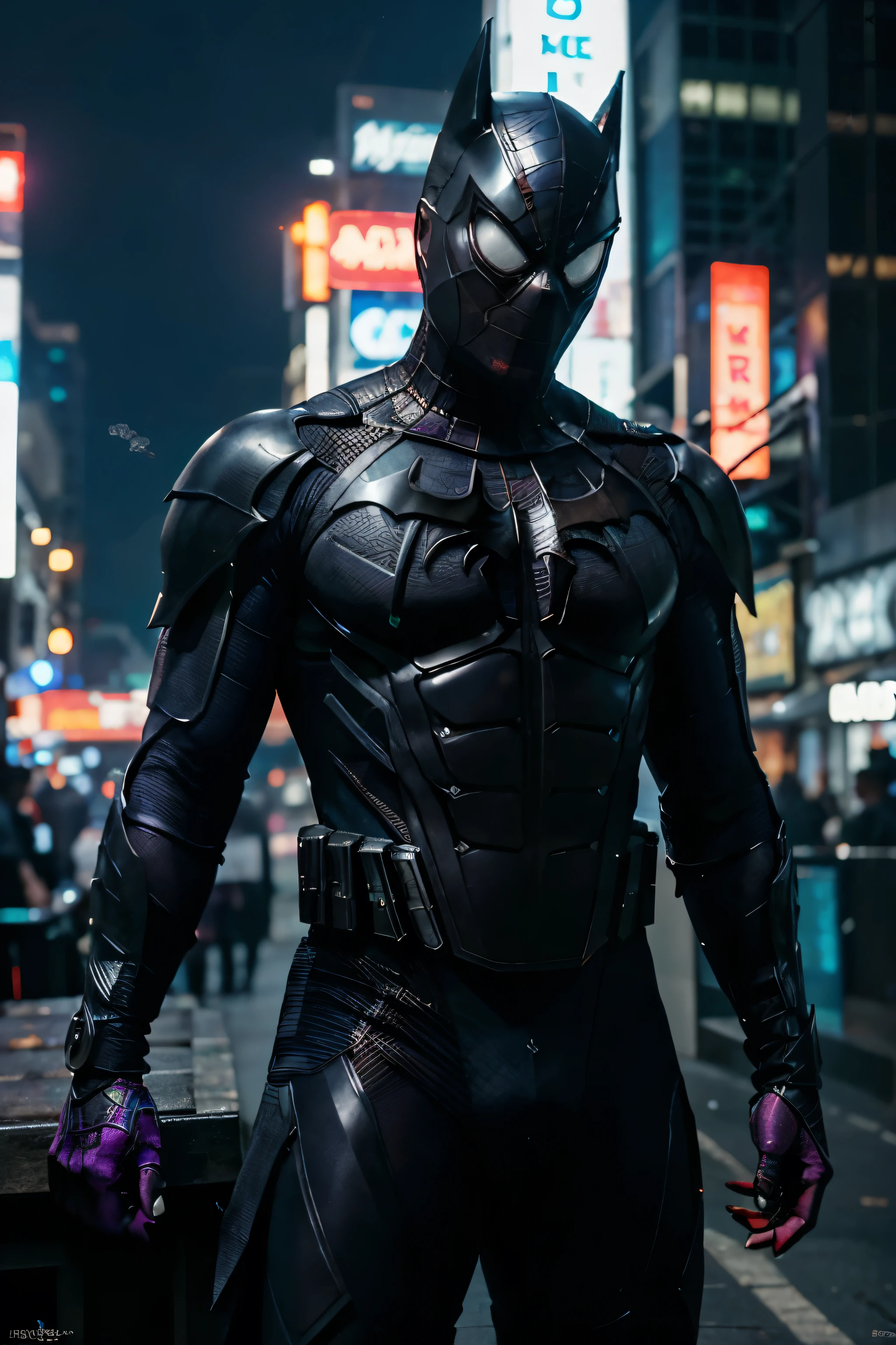 (extremely detailed 8k wallpaper), a medium shot photo of  cyberpunk scary Grim dressed as Spiderman and batman mixed as one character in an armour made of Crystallic metal from marvel, cyberpunk theme, intricate, high detail, dramatic, good lighting, neon lights in the background 