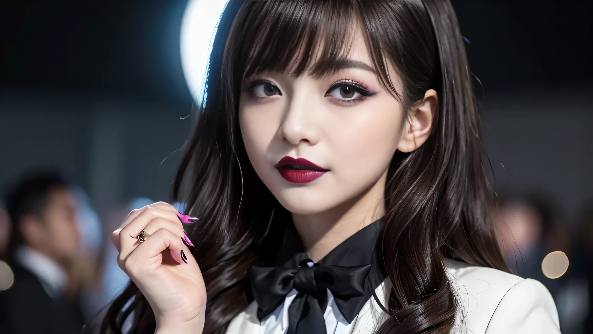 best quality、ultra-detailed、4k、Japanese、Seductive beauty、seductive adult woman、Pretty Woman、cool girl、Villainess、Brainwashed、brainwash、Fallen into evil、smirk、Evil look、Wicked Smile、evil、Brown hair、wavy hair、swept bangs、dark makeup、dark makeup、piercing eyes、hollow eyes,half-closed eyes、Hollow Eyes、purple Eyeshadow、black lipstick、black lipglos、student、blazer、White Shirt、Black Ribbon、flare skirt、Beautiful feet、night、inside school、Have lipstick、Emblem of Evil、Crest of Darkness、Swear allegiance、I have pledged my allegiance、Dye black、Blackening、Stained with evil、Dyed in darkness、Seduce