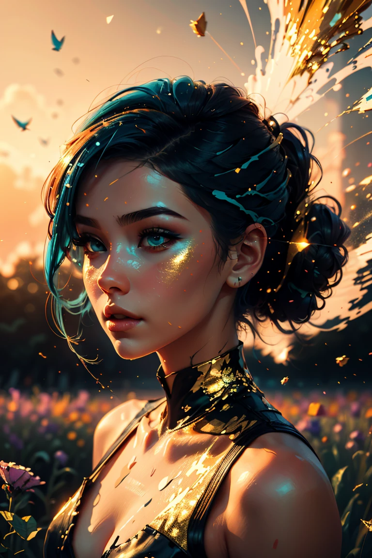 award winning digital art, half body portrait of a beautiful woman with navy blue teal hairstyle with head in motion and long hair flying, in a flower field, golden sunset, particles dust, glitter, paint splashes, splatter, outrun, vaporware, shaded flat illustration, digital art, trending on artstation, highly detailed, fine detail, intricate