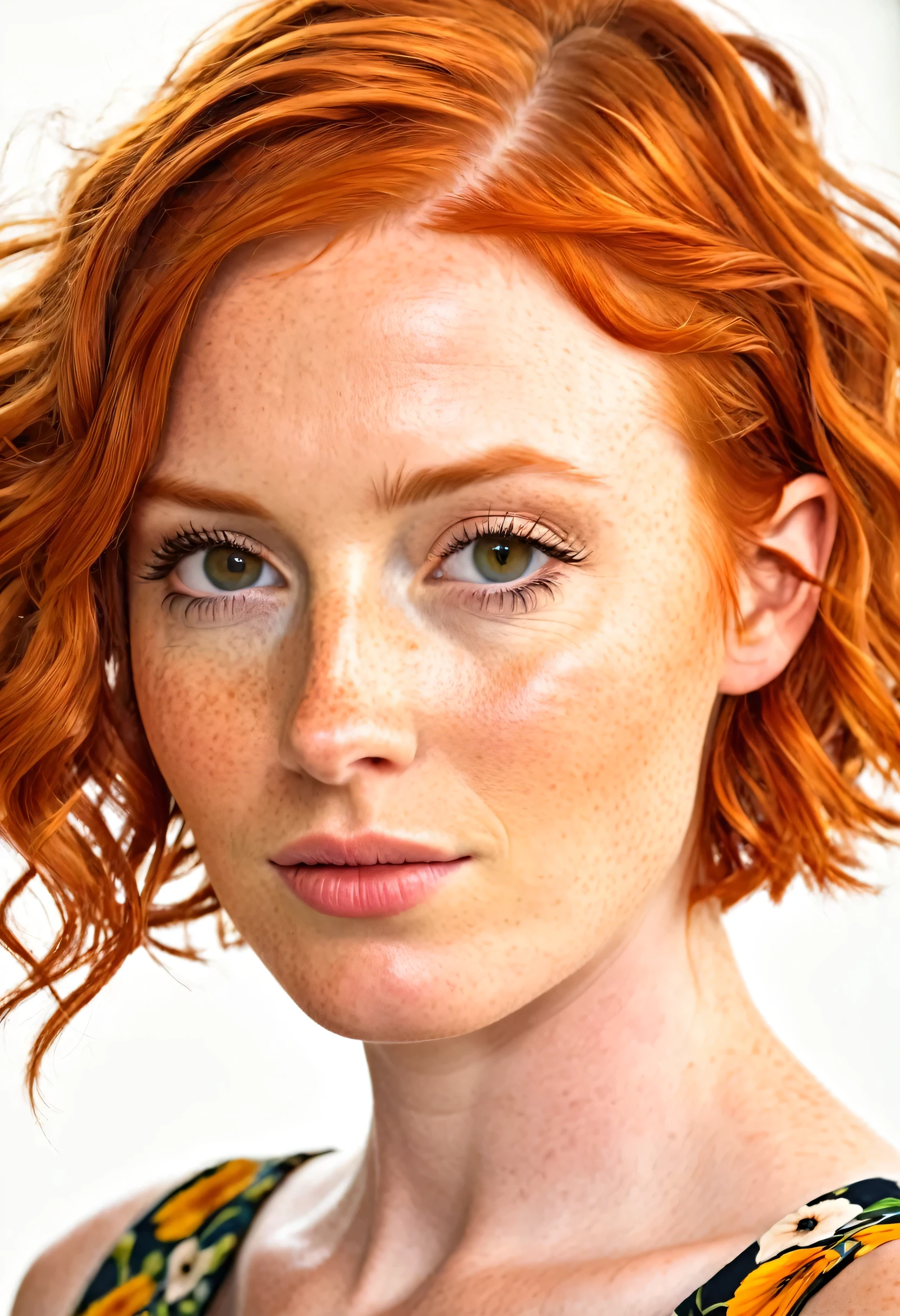 a close up of a woman with red hair and a floral dress, copper hair, short copper hair, copper short hair, red hair and attractive features, short redhead, ginger hair with freckles, orange hair, short red hair, flowing ginger hair, red hair and freckles, bright orange hair, orange glowing hair, curly copper colored hair, ginger hair, ginger wavy hair
