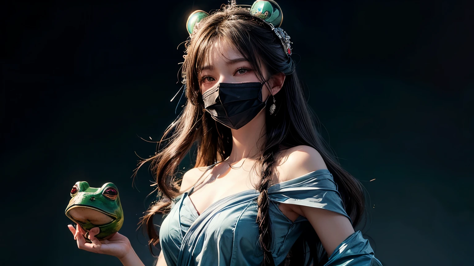 A woman in a sky blue dress is holding a frog mask, with frog mask, wearing a frog mask, frog mask, frog mask on head, Inspired by Elsa Breda, Wearing a Noh mask, Wearing a Noh mask, Broken mask, Wearing a frog mask, Takato Yamamoto Aesthetics, inspired by Ayako Rokkaku